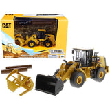 CAT Caterpillar 950M Wheel Loader with Bucket and Log Fork with Two Log Poles "Play & Collect!" 1/64 Diecast Model by Diecast Masters-0